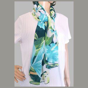 Tropical Floral Scarf 54 in Black Blue Green Sheer Lightweight Wrap Resort Style